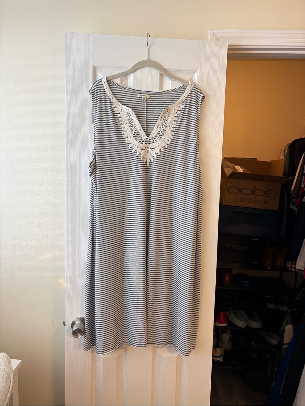 Max Studio Navy and White Striped Sleeveless Dress with Lace V-Neck